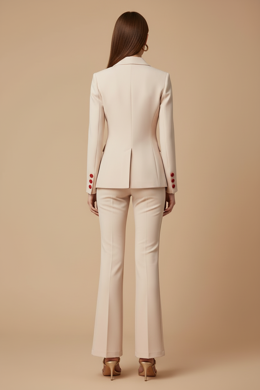 Women's Two Piece Suit Set - Single Breasted Blazer with Red Button Detail and Straight Leg Pants