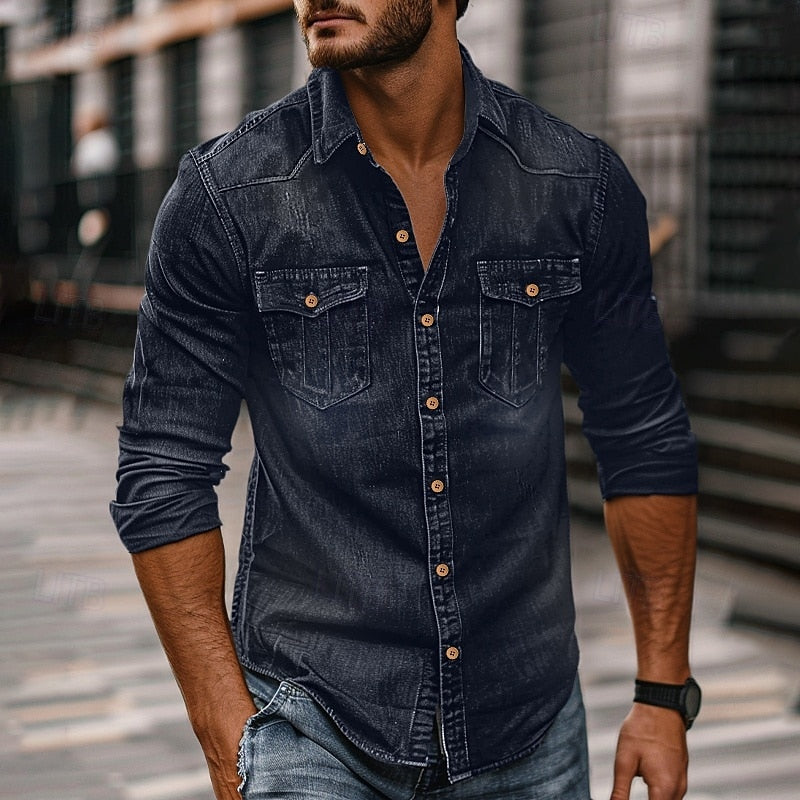 Relaxed Fit Collared Shirt with Pointed Collar and Adjustable Button Cuffs