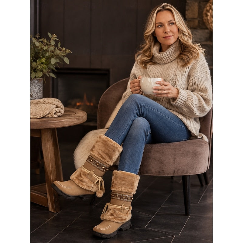 Slip On Mid Calf Boots with Faux Fur Cuff and Braided Pom Pom Trim