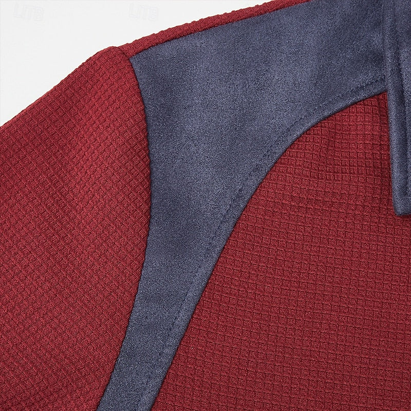 Textured Quarter Zip Pullover with Elbow Patches and Chest Pocket, Ribbed Cuffs