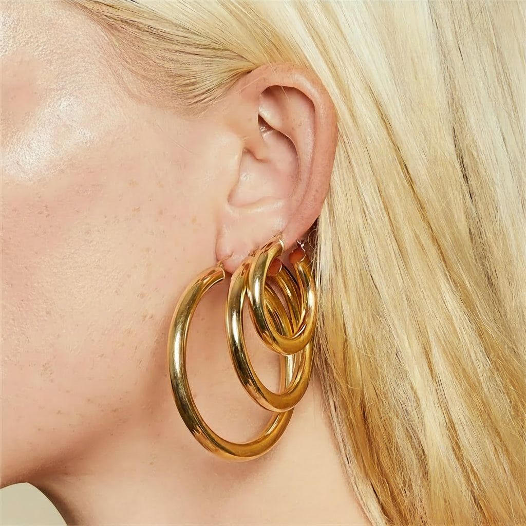 Women's Chunky Hoop Earrings Set - 3 Pairs - Hinged Closure