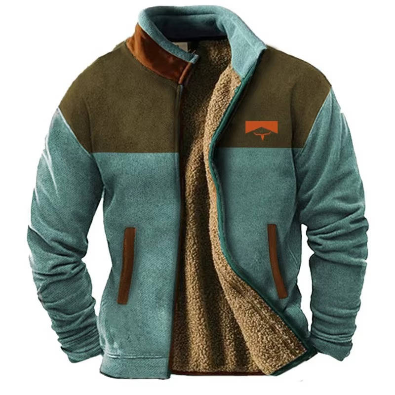 Fleece Jacket with Aztec Geometric Pattern and Stand Collar for Men