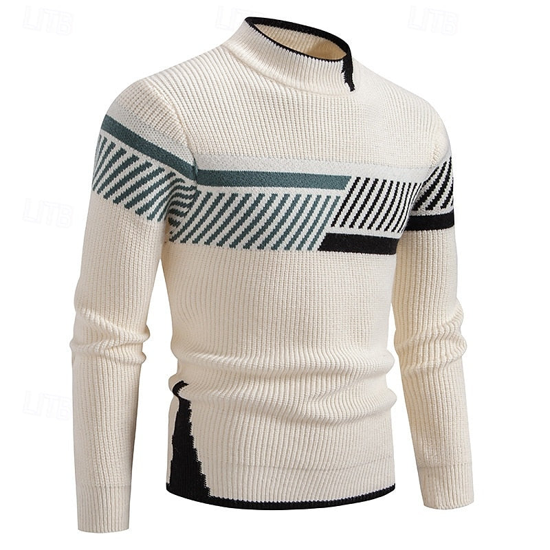 Crew Neck Pullover Sweater with Colour Block Panels and Ribbed Knit