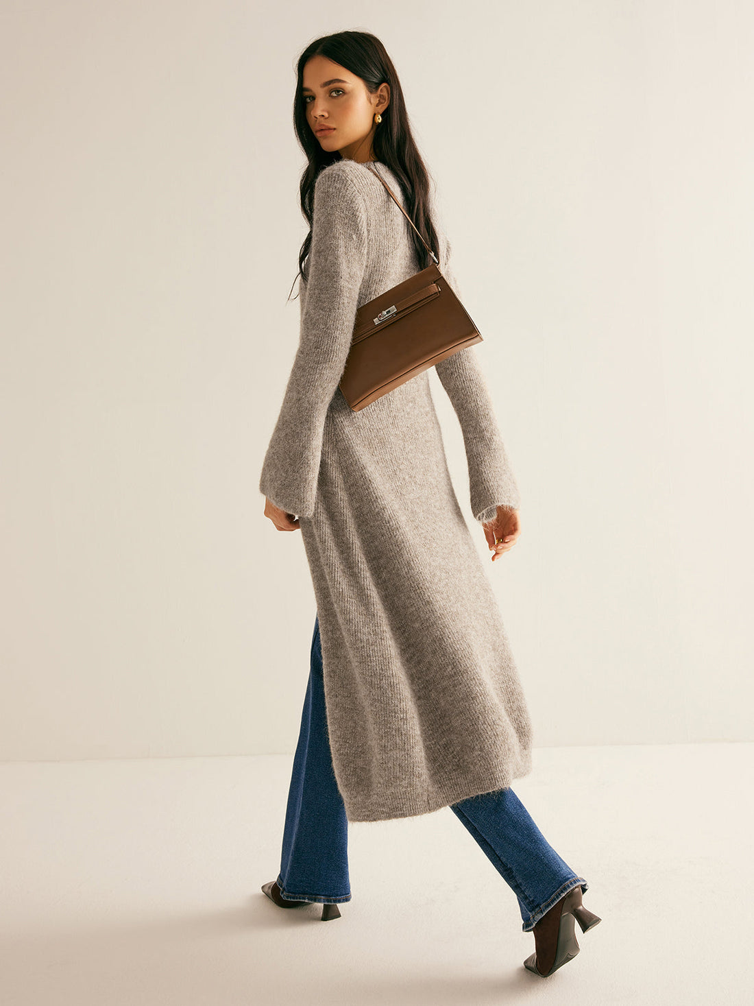 Midi Shift Dress with Button Front and Stretch Knit Fabric