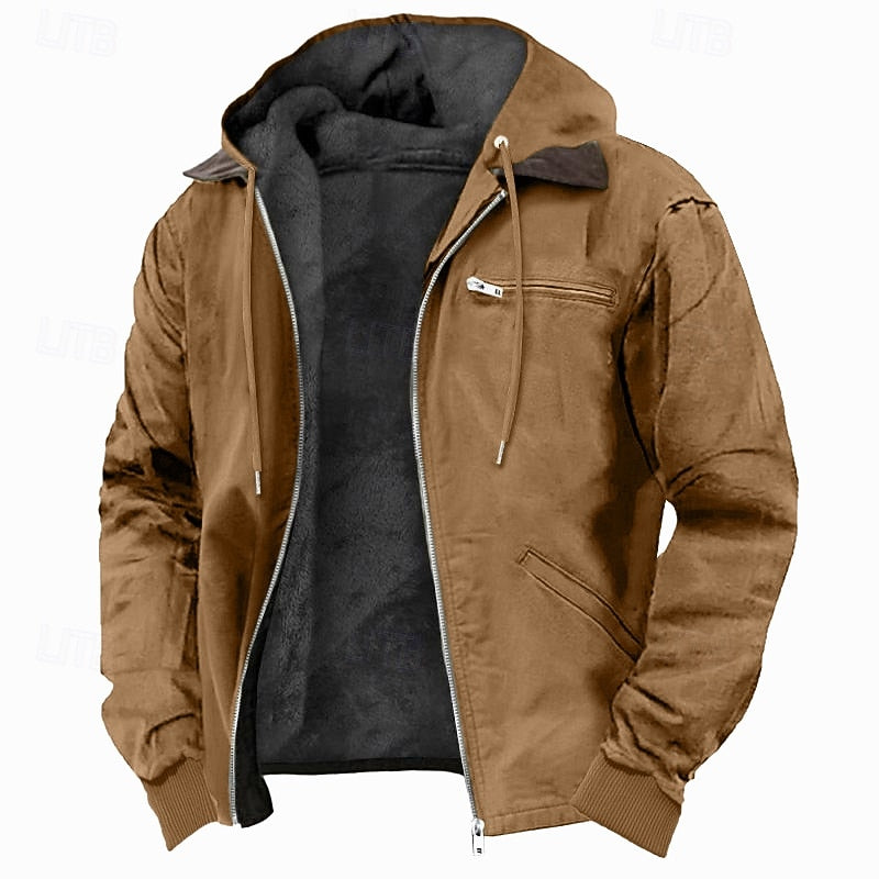 Zip Jacket with Plush Lining and Adjustable Hood, Side Hand Pockets