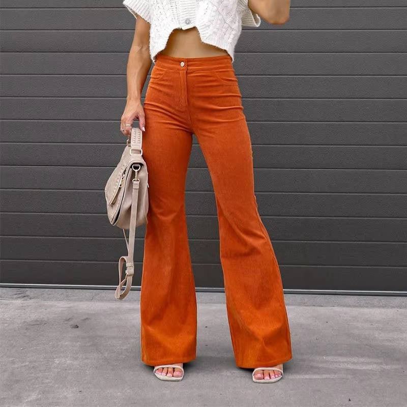 Women's Corduroy Flare Pants with Elastic Stretch and High Rise Waist, Four Pockets