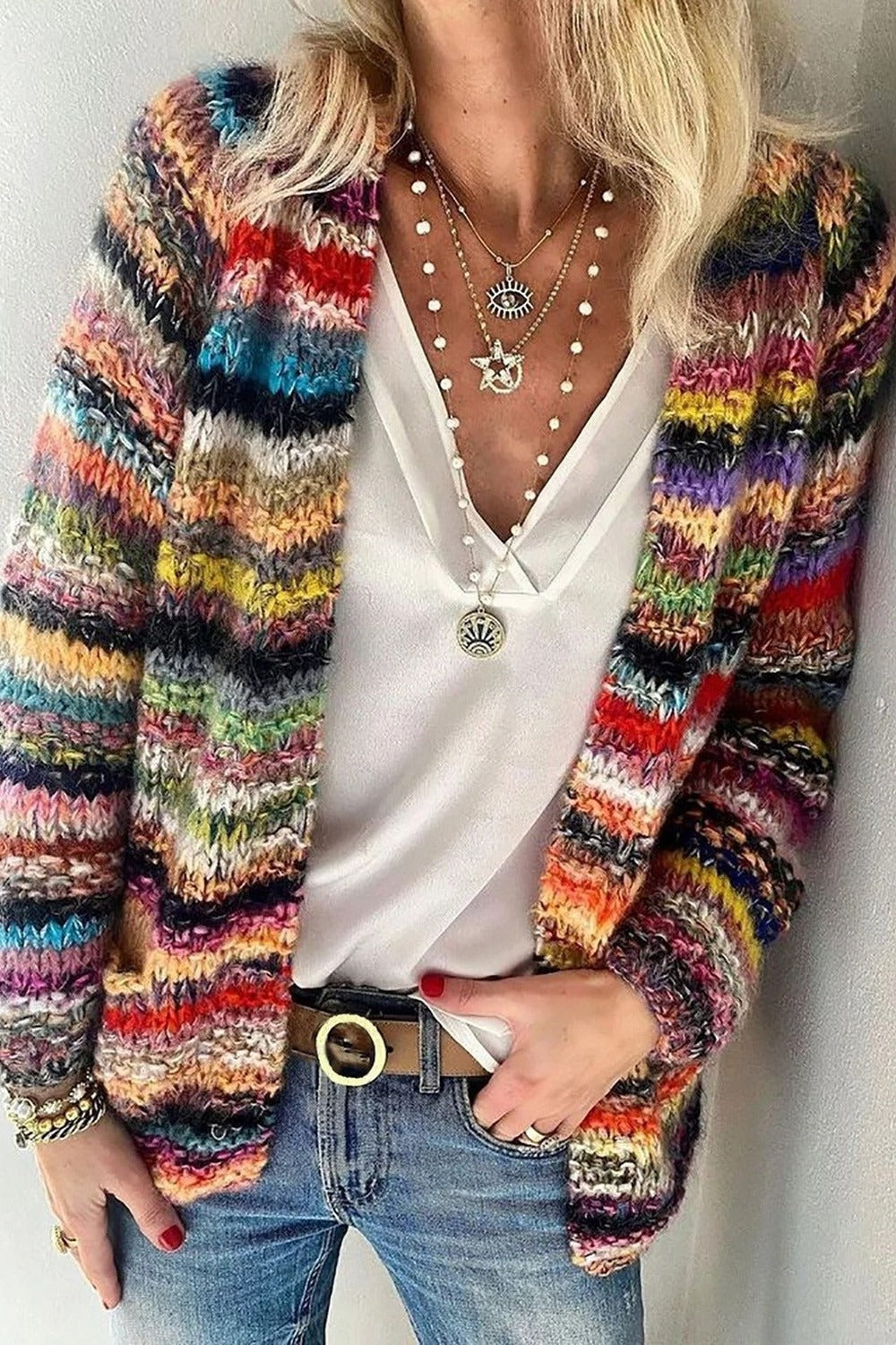 Horizontal Striped Cardigan with Long Sleeves and Open Front Relaxed Fit