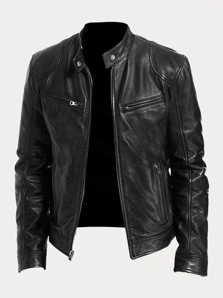 Hip Length Jacket with Metal Zipper and Snap Tab Collar, Fitted Cuffs