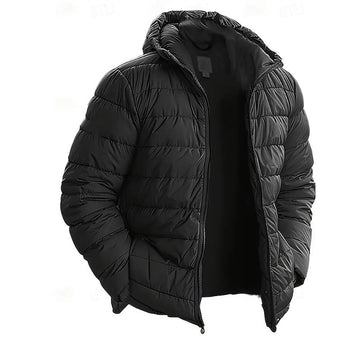 Quilted Puffer Jacket with Attached Hood and Full Zipper, Side Pockets