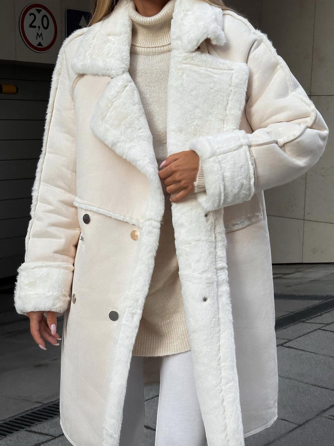 Women’s Long Coat with Faux Shearling Trim and Double-Breasted Front