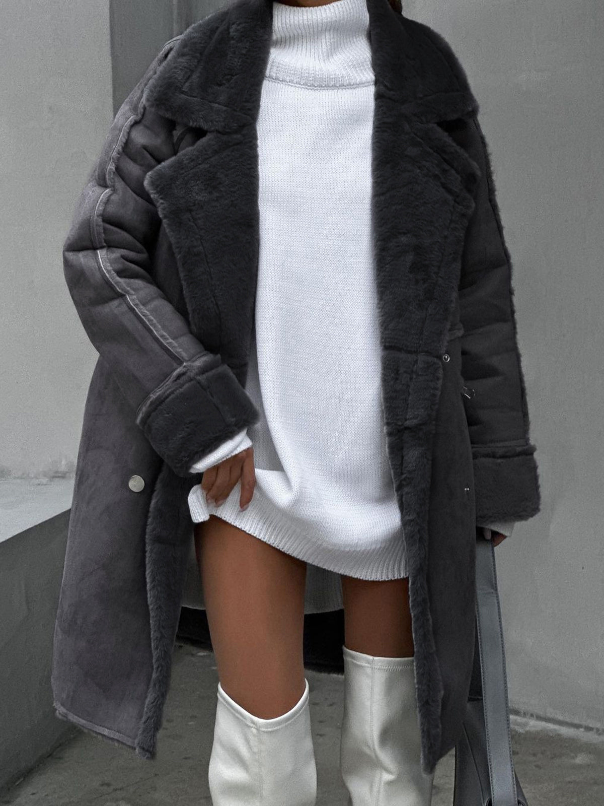 Women’s Long Coat with Faux Shearling Trim and Double-Breasted Front