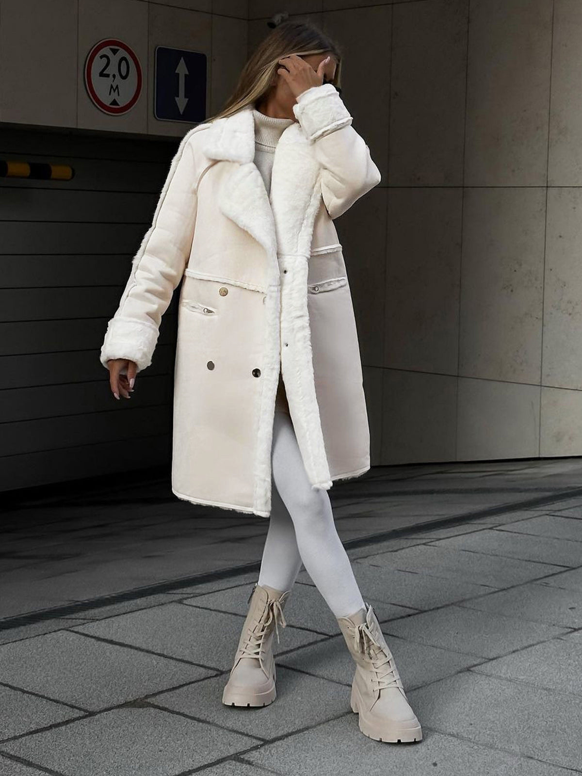 Women’s Long Coat with Faux Shearling Trim and Double-Breasted Front