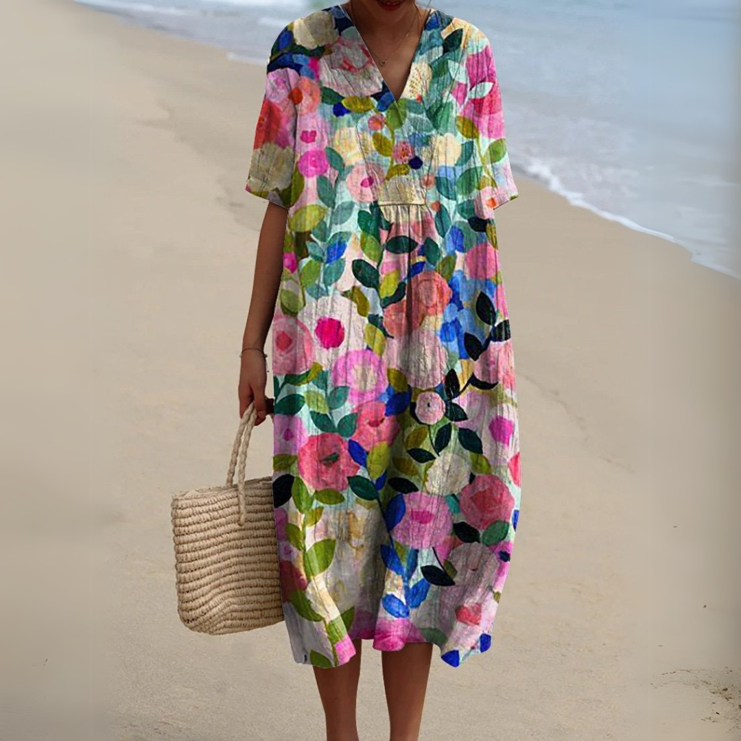 Stylish multicolour V-neck floral dress for women, ideal for elegant summer fashion.