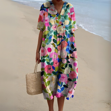 Stylish multicolour V-neck floral dress for women, ideal for elegant summer fashion.