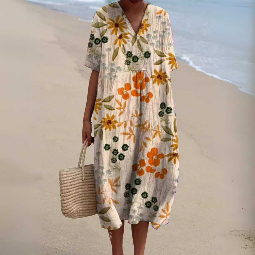 Modern multicolour floral V-neck dress, a stylish choice for women's vibrant summer outfits.