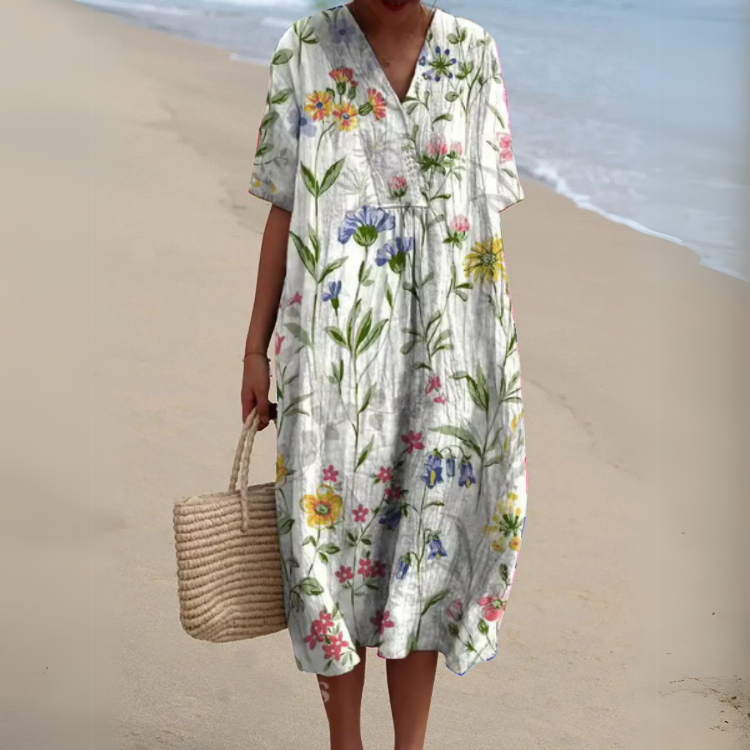 Vivid multicolour floral V-neck dress, perfect women's elegant summer fashion statement.