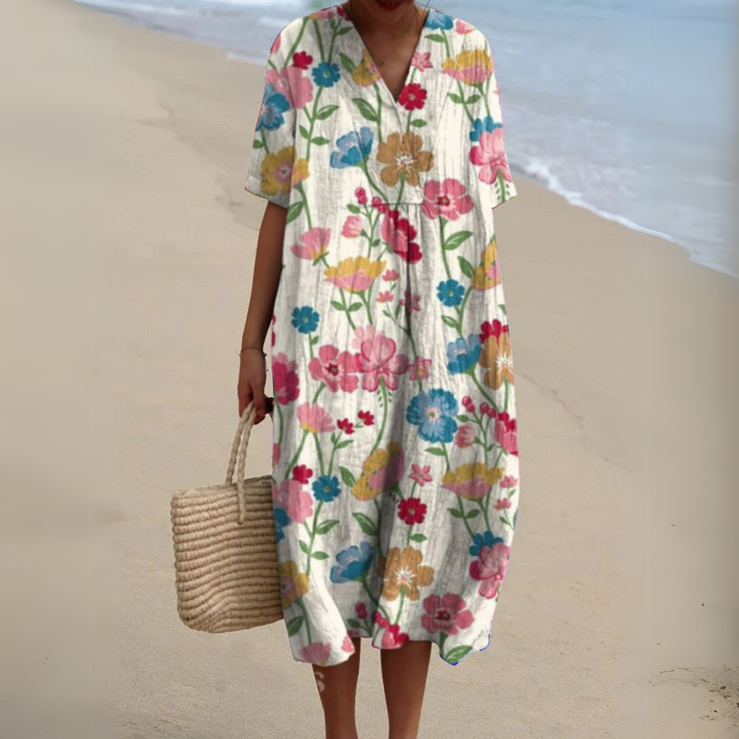 Vibrant multicolour floral print V-neck dress, a stylish choice for women's summer fashion.