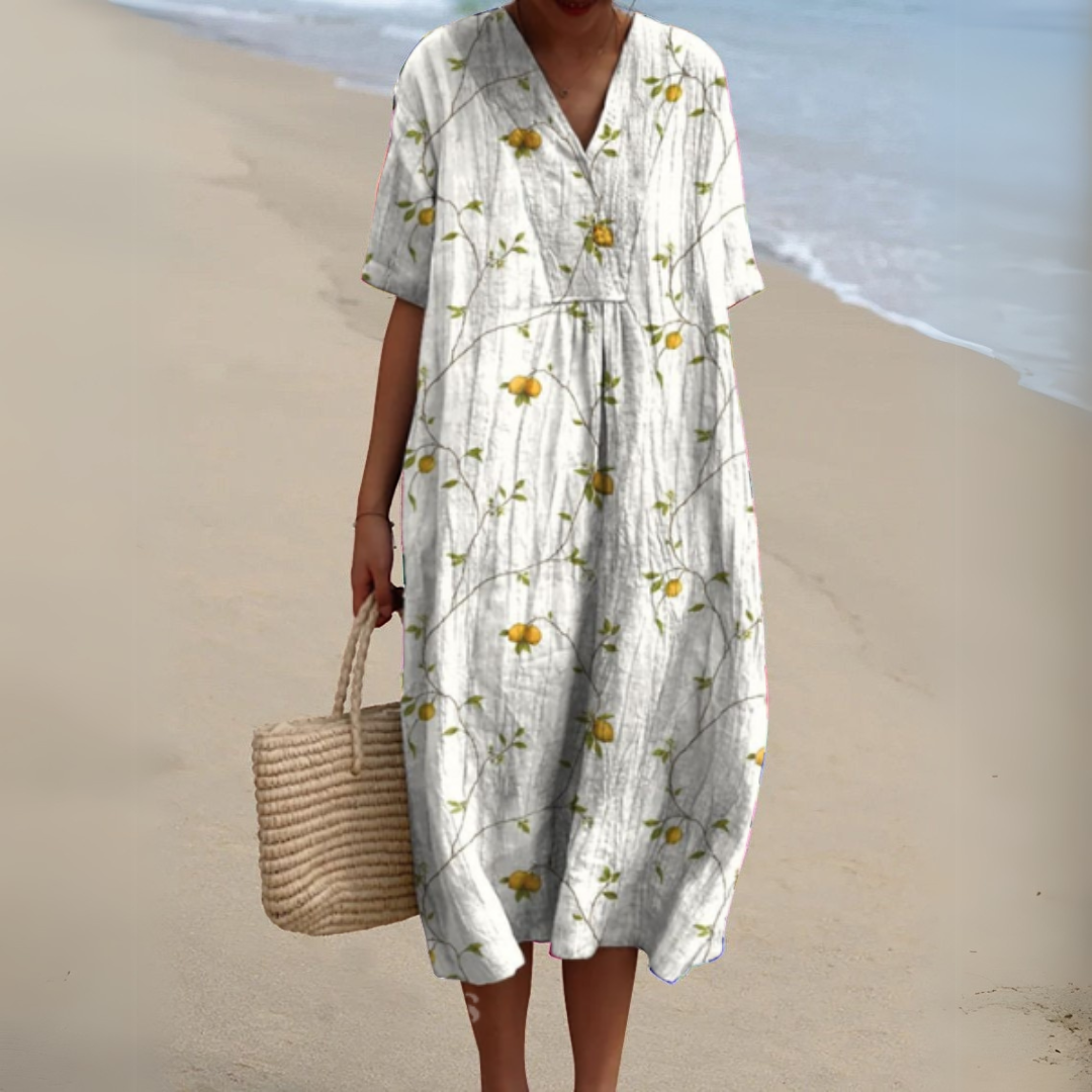 Front view of an elegant multicolour floral V-neck dress, showcasing its vibrant design.