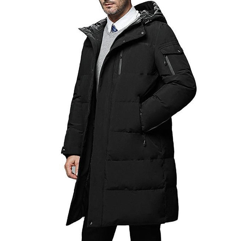 Mid-Thigh Puffer Coat with Drawstring Hood and Zippered Pockets