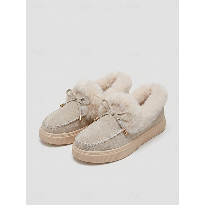 Women's Moccasin Slippers with Plush Fur Lining and Bow Detail