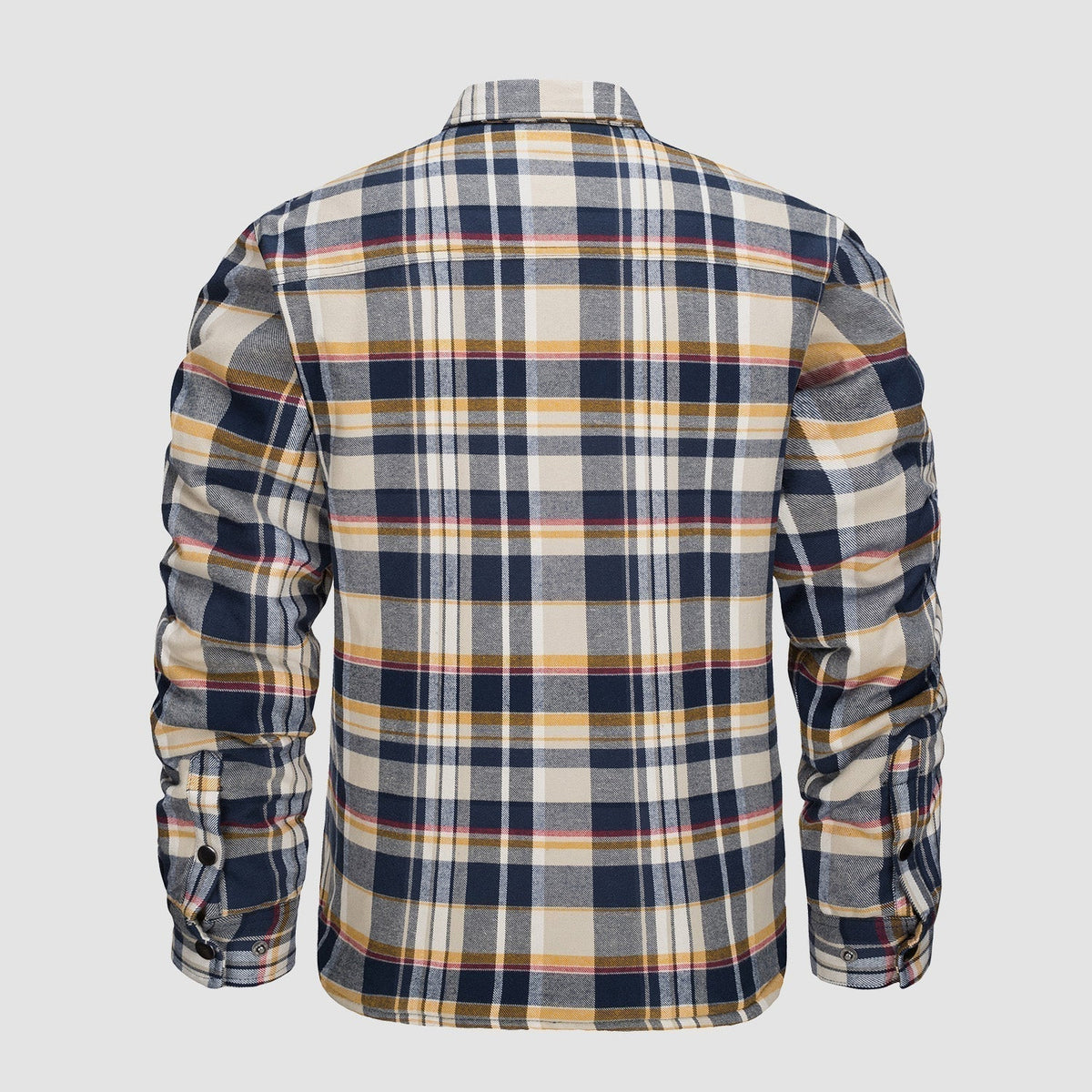 Flannel Button-Up Jacket with Standing Collar and Full-Length Sleeves