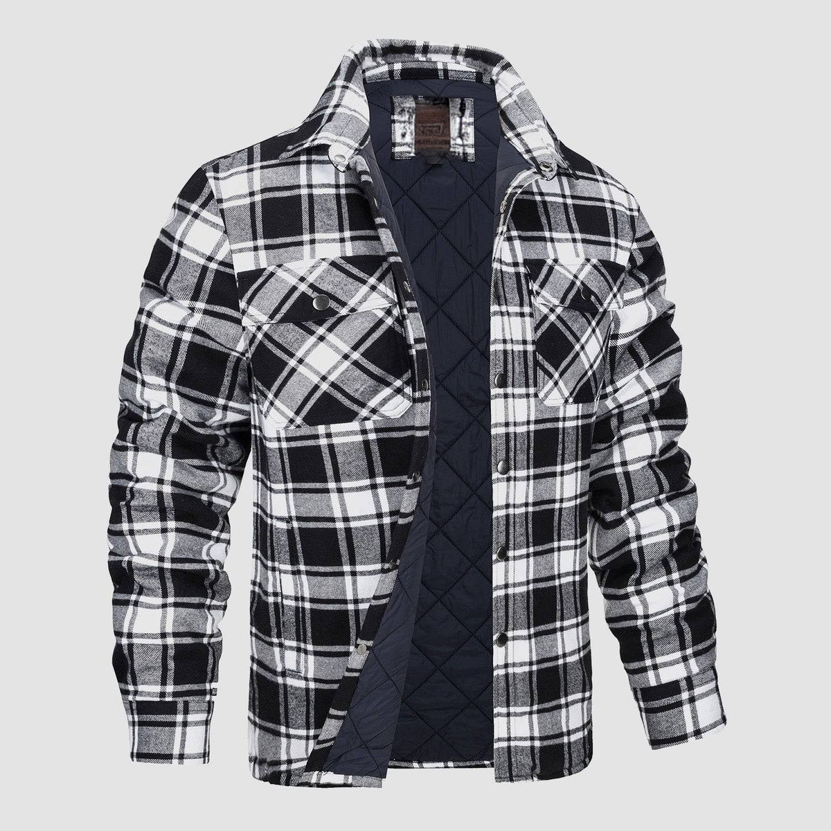 Flannel Button-Up Jacket with Standing Collar and Full-Length Sleeves