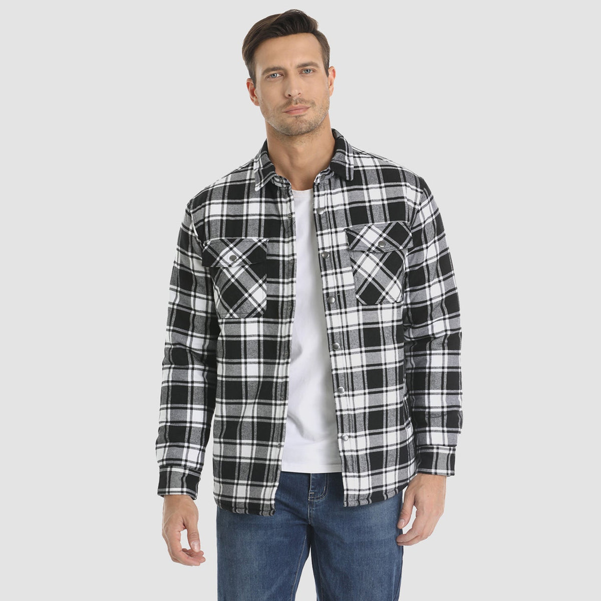 Flannel Button-Up Jacket with Standing Collar and Full-Length Sleeves