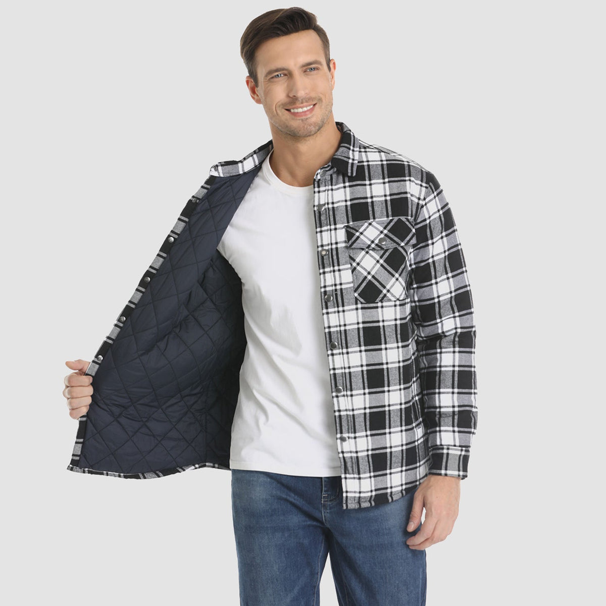 Flannel Button-Up Jacket with Standing Collar and Full-Length Sleeves