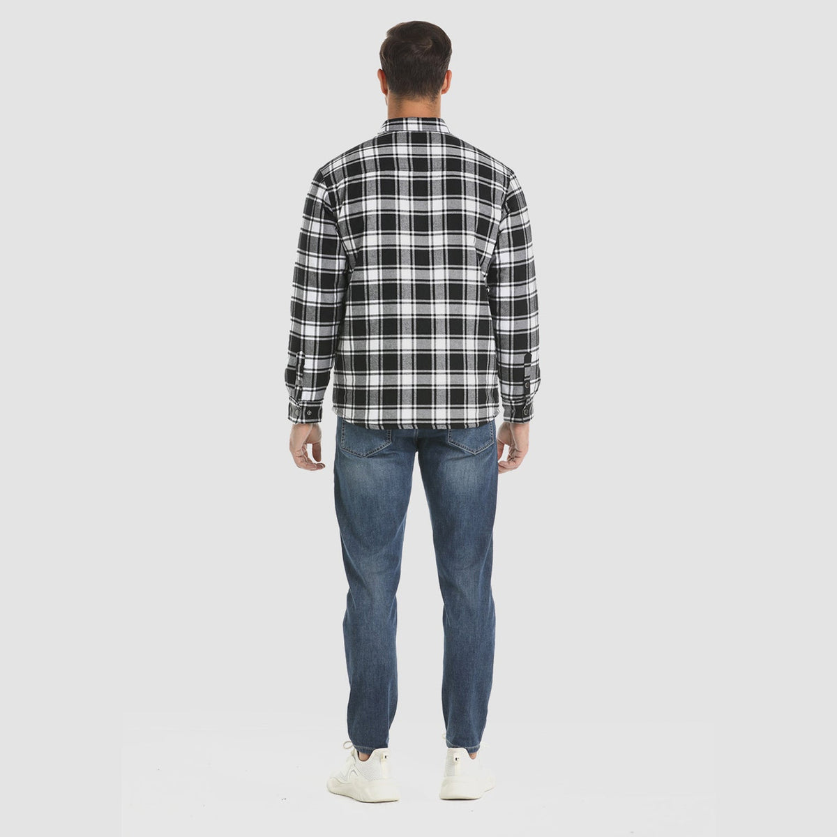 Flannel Button-Up Jacket with Standing Collar and Full-Length Sleeves