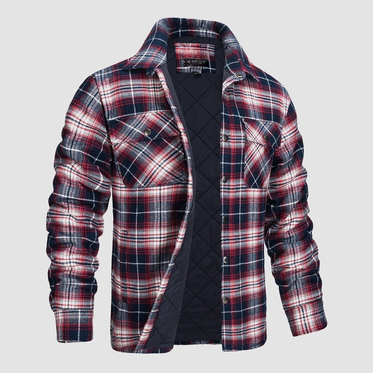 Flannel Button-Up Jacket with Standing Collar and Full-Length Sleeves