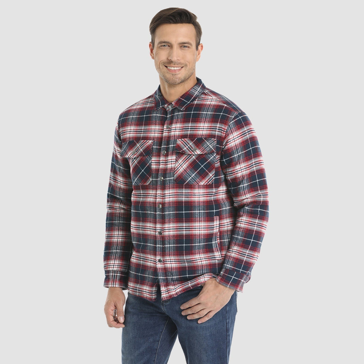 Flannel Button-Up Jacket with Standing Collar and Full-Length Sleeves