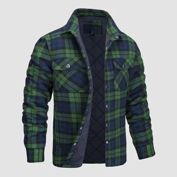 Flannel Button-Up Jacket with Standing Collar and Full-Length Sleeves