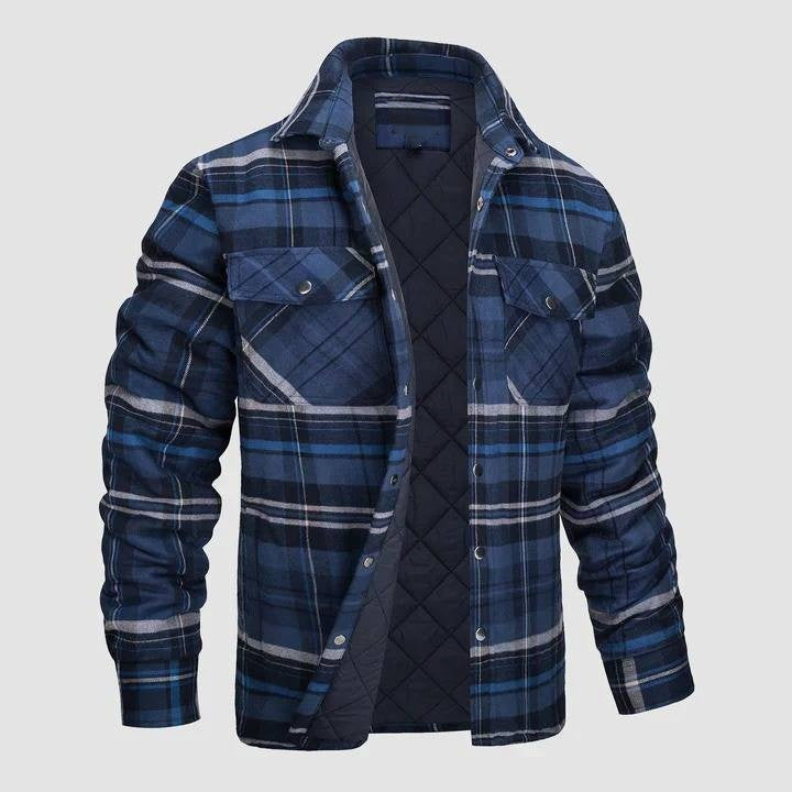 Flannel Button-Up Jacket with Standing Collar and Full-Length Sleeves