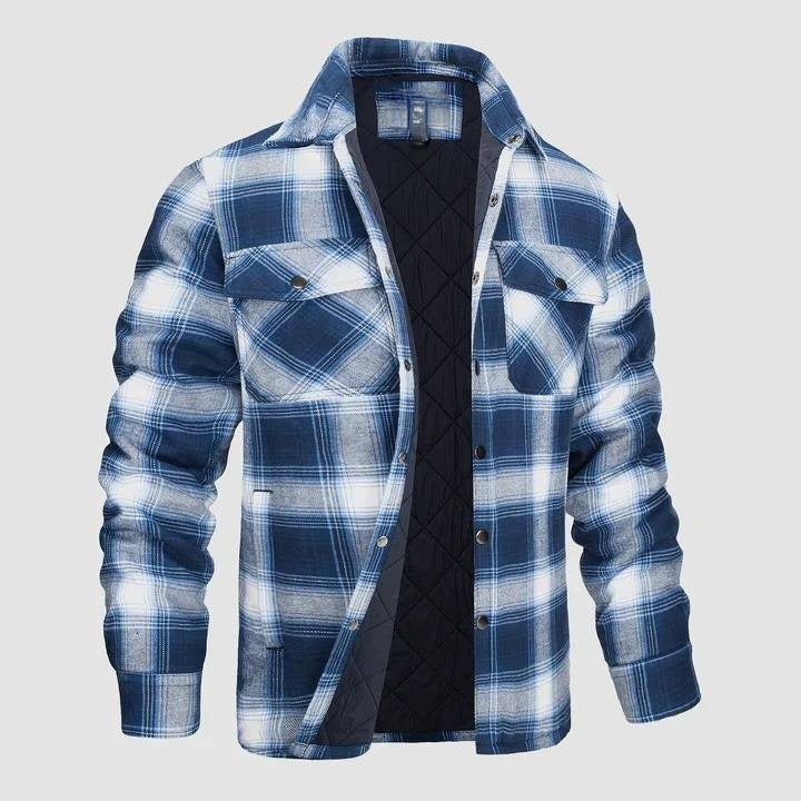 Flannel Button-Up Jacket with Standing Collar and Full-Length Sleeves