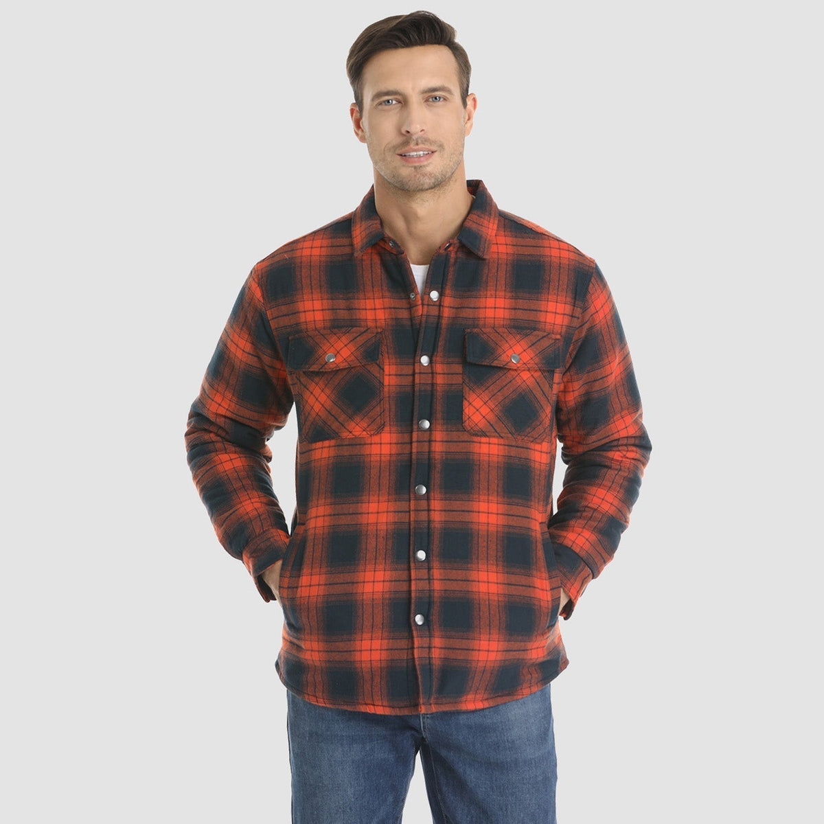Flannel Button-Up Jacket with Standing Collar and Full-Length Sleeves