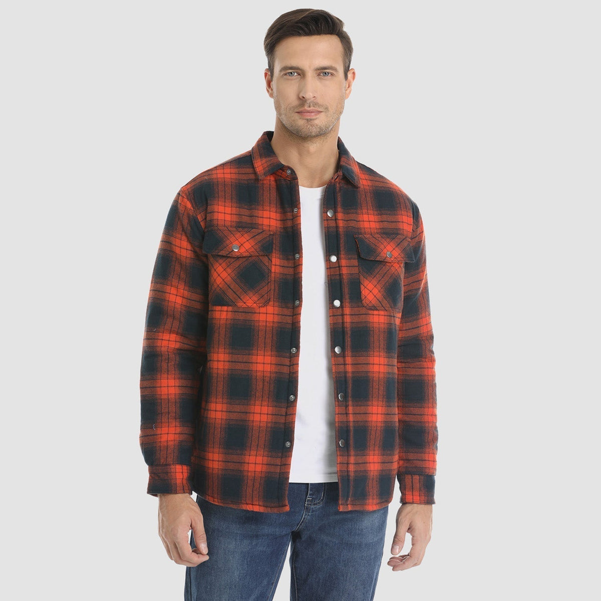Flannel Button-Up Jacket with Standing Collar and Full-Length Sleeves
