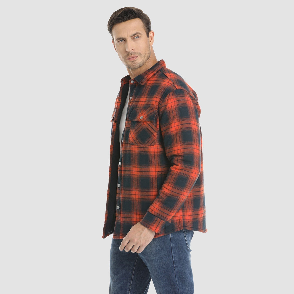 Flannel Button-Up Jacket with Standing Collar and Full-Length Sleeves