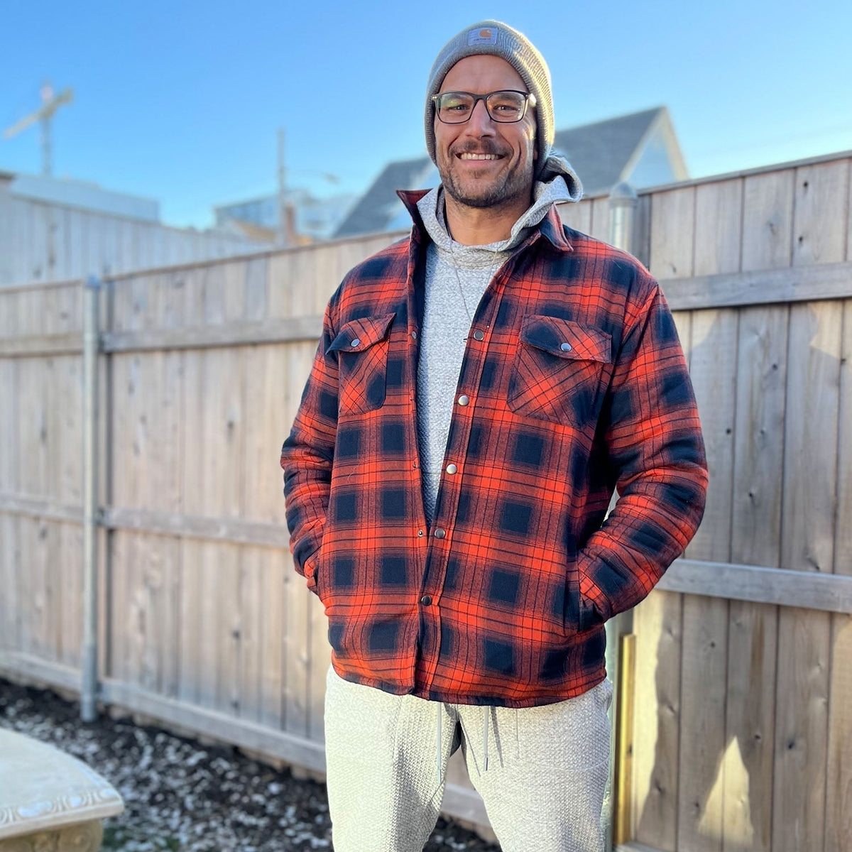 Flannel Button-Up Jacket with Standing Collar and Full-Length Sleeves