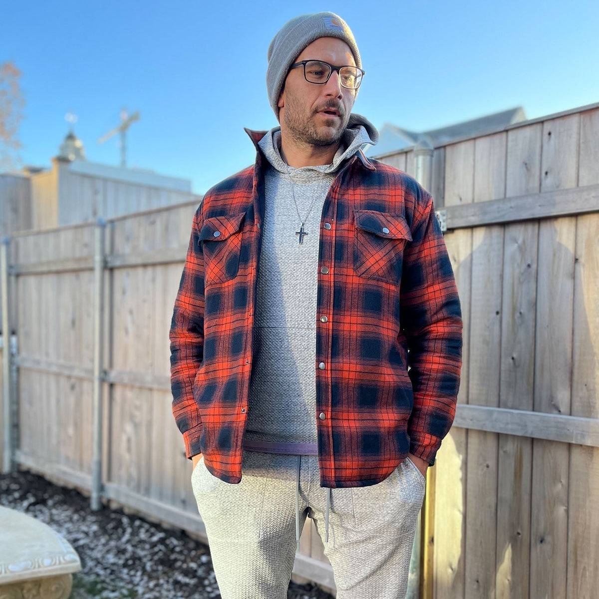 Flannel Button-Up Jacket with Standing Collar and Full-Length Sleeves