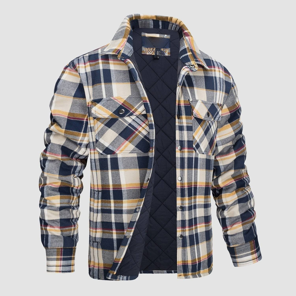 Flannel Button-Up Jacket with Standing Collar and Full-Length Sleeves