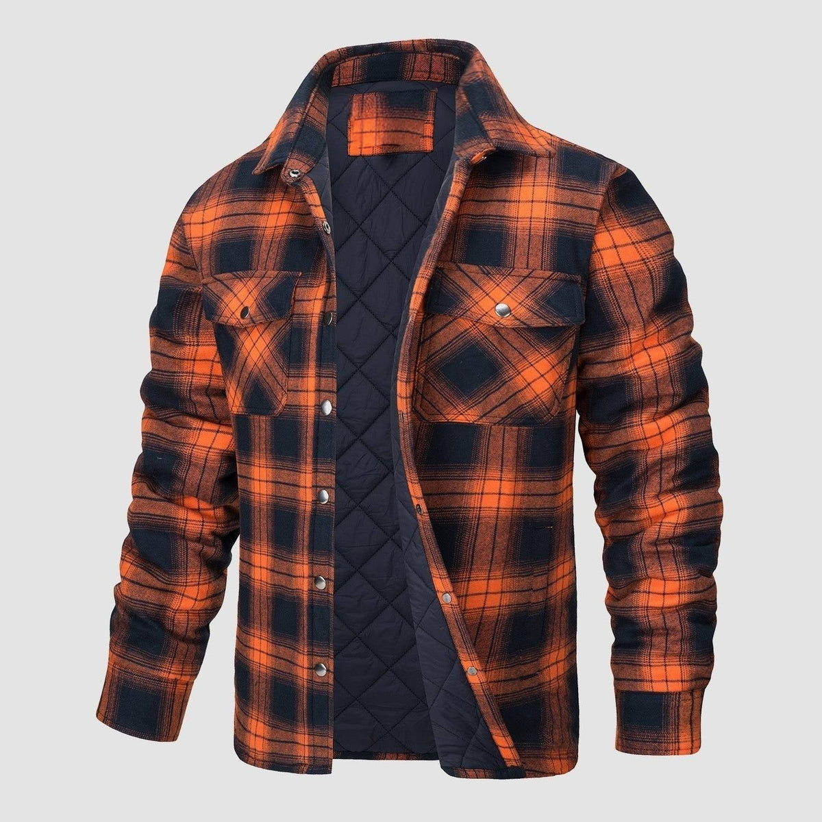 Flannel Button-Up Jacket with Standing Collar and Full-Length Sleeves
