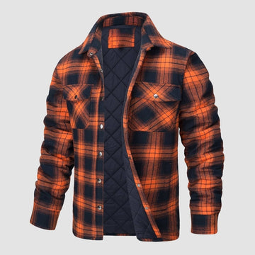 Flannel Button-Up Jacket with Standing Collar and Full-Length Sleeves
