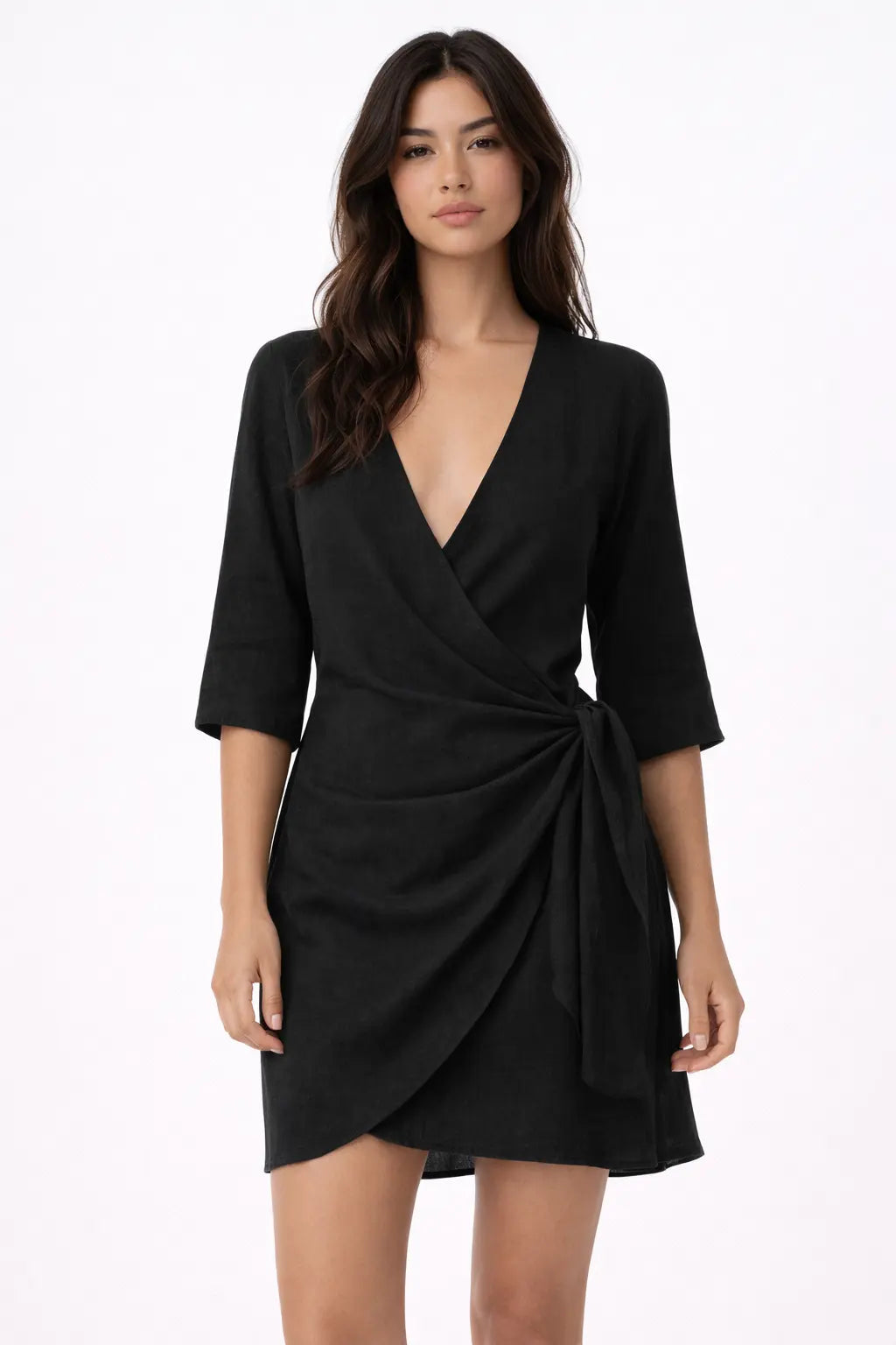 Women's Linen Wrap Mini Dress - Three-Quarter Sleeve V-Neck Side Tie