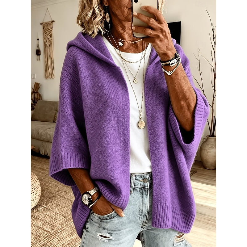 Open Front Hooded Cardigan with Three Quarter Sleeves and Textured Knit