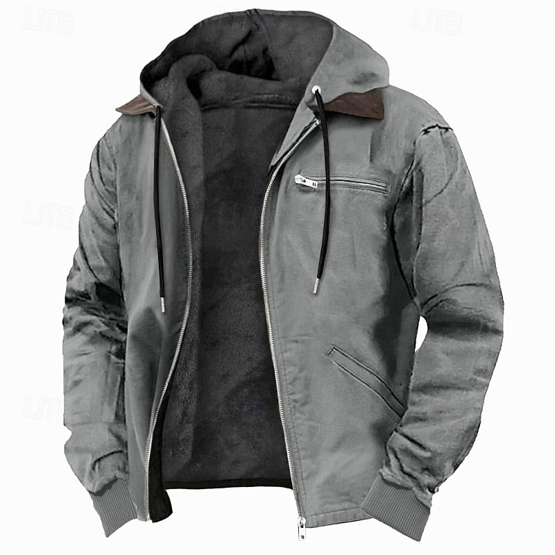 Zip Jacket with Plush Lining and Adjustable Hood, Side Hand Pockets