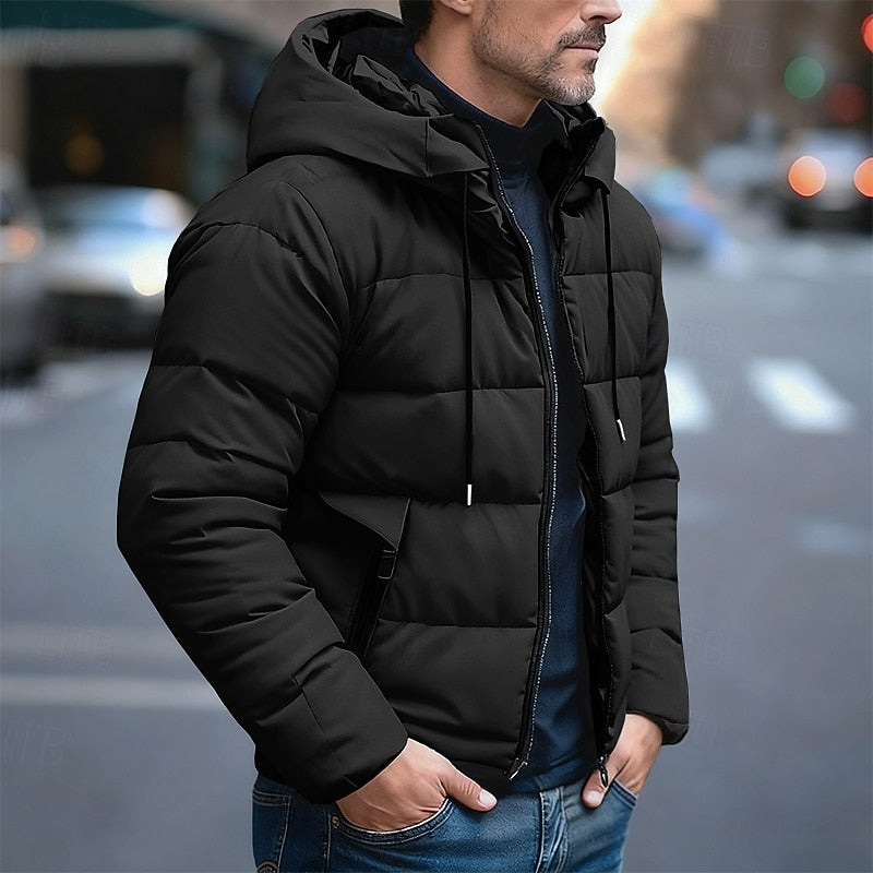 Quilted Puffer Jacket with Drawstring Hood and Deep Front Pockets, Full Zipper