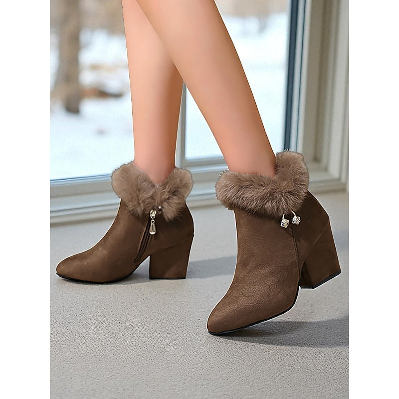 Pointed Toe Ankle Boots with Plush Collar and Side Zip Block Heel