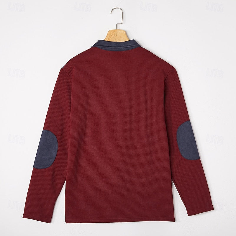 Textured Quarter Zip Pullover with Elbow Patches and Chest Pocket, Ribbed Cuffs