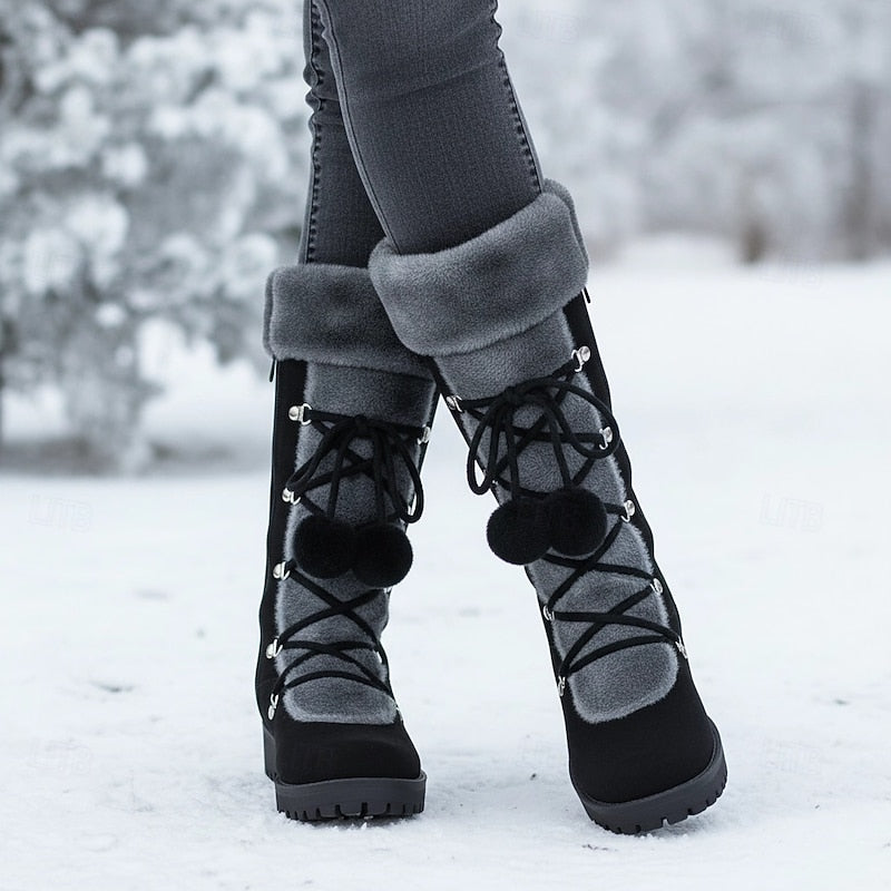 Lace-Up Winter Boots for Women with Fur Trim and Block Heel, Mid Calf