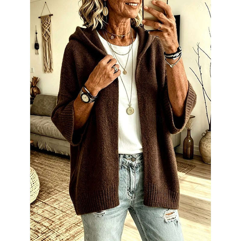Open Front Hooded Cardigan with Three Quarter Sleeves and Textured Knit